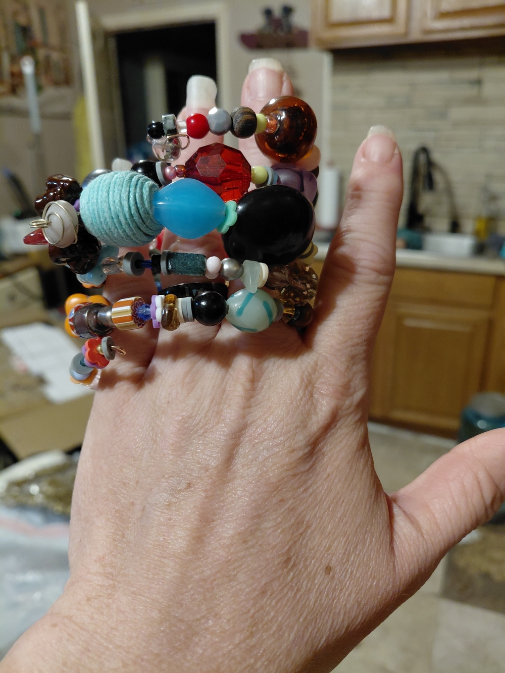 Colorful Multibead Coil Bracelet — Turquoise, Black & Red Accent